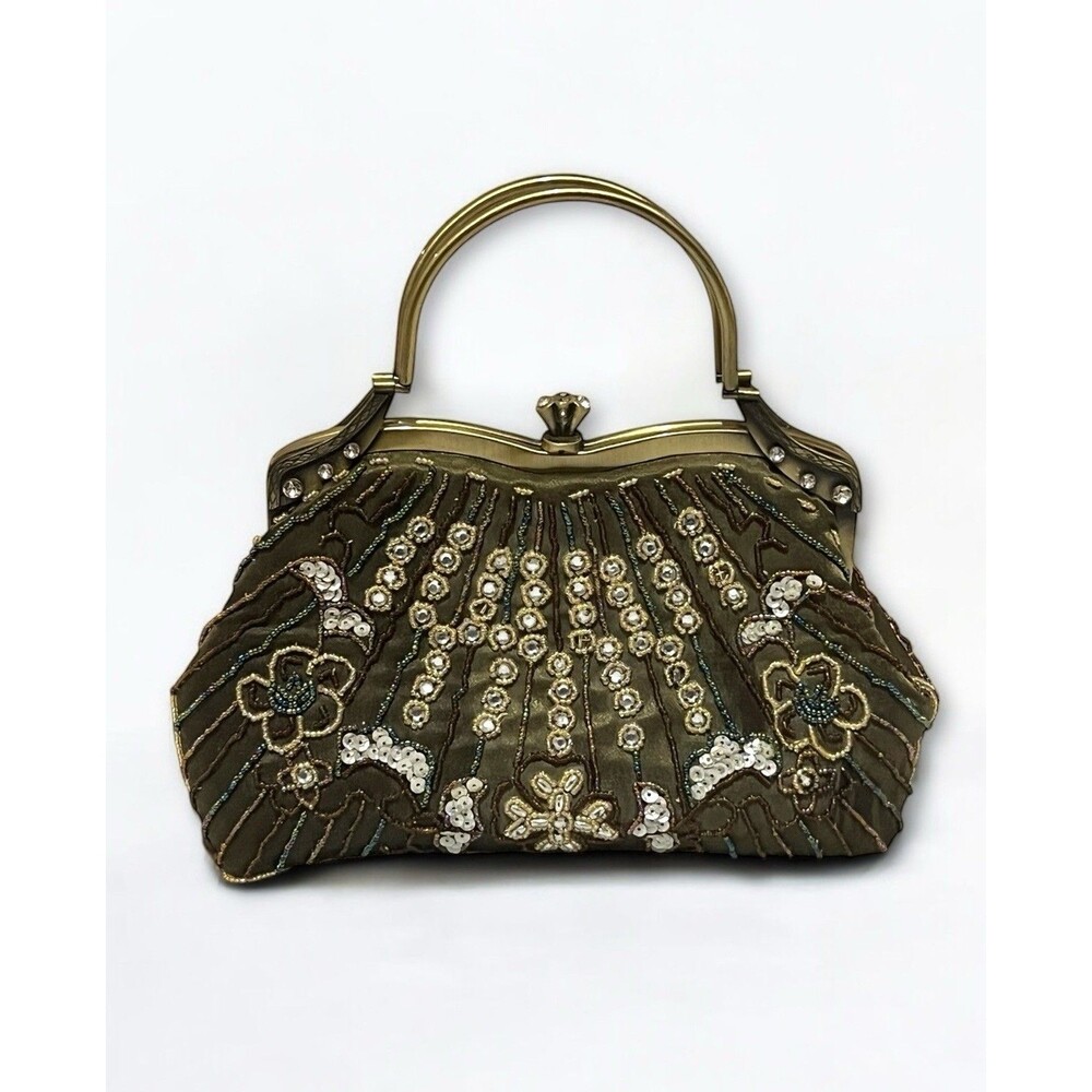 Antique Style Beaded Sequins Handbag w/ Ornate Bronze Finish Handles Olive Green